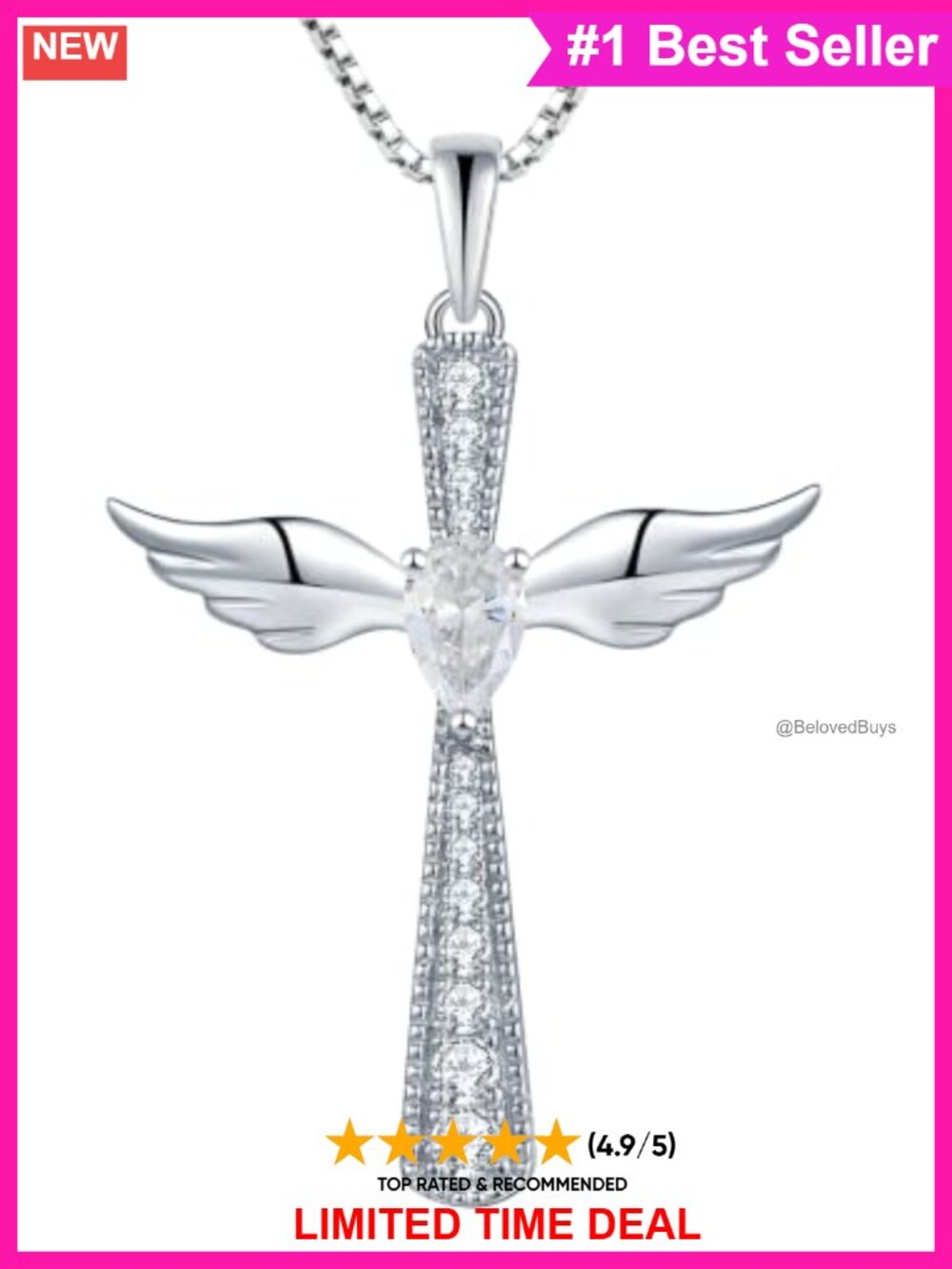 925 Sterling Silver Angel Wings Cross Necklace Teardrop Birthstone Pendant